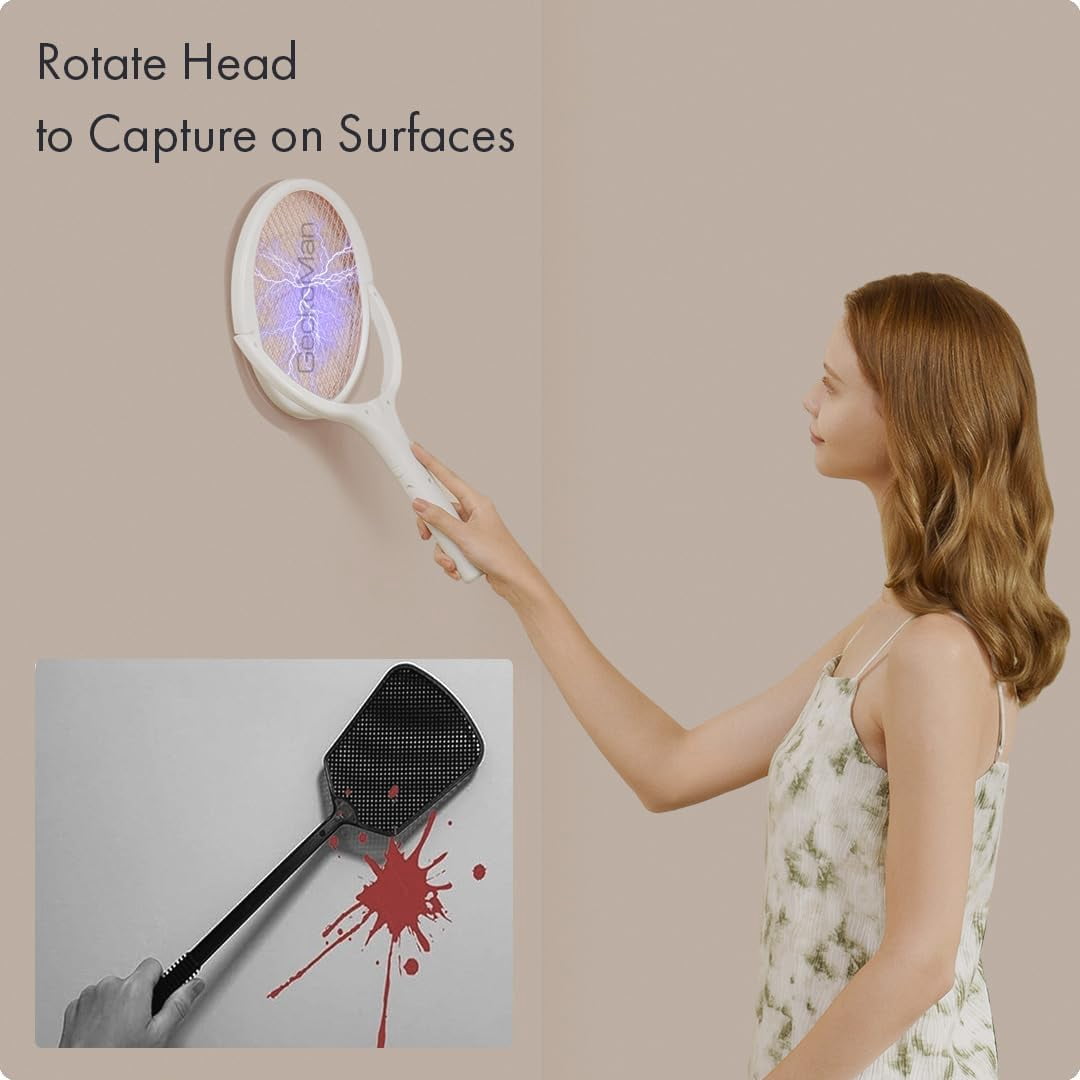 Rotating Head Electric Fly Swatter Racket Rechargeable Bug Zapper Racket Bug Zapper Indoor Fly Zapper Mosquito Zapper Flies Killer for Indoors