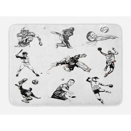 - Olympics Bath Mat, Basketball Football Volleyball Cricket Tennis Players Athletes Illustration Print, Non-Slip Plush Mat Bathroom Kitchen Laundry Room Decor, 29.5 X 17.5 Inches, Black White, Ambesonne