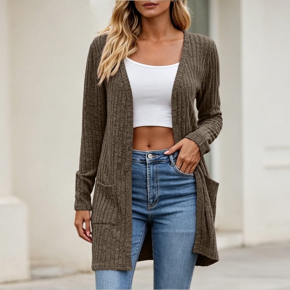 Meichang Ribbed Knit Cardigan Sweaters for Women Open Front Long Sleeve Cardigan Coat Soft Fall Outwear with Pockets