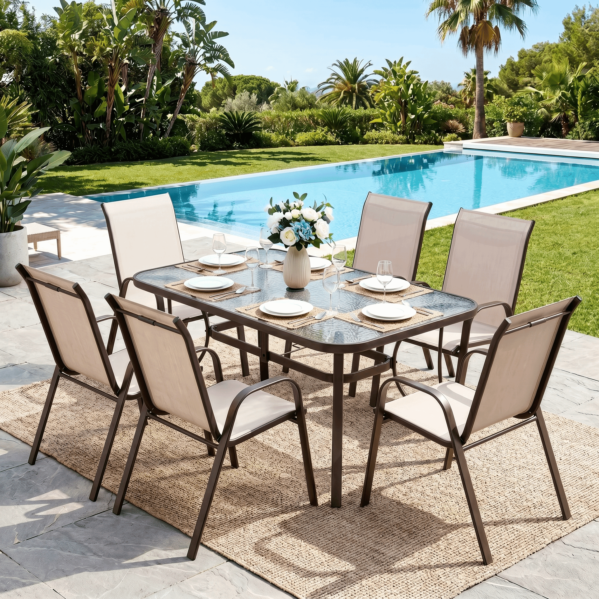 TLSUNNY Outdoor Patio Table and Chairs Set, Rectangular Glass Dining Table W/ Umbrella Hole & 6 Stackable Chairs, for Lawn, Poolside, Backyard (Umbrella Not Included)