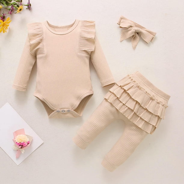 Conjuntos de blusas y camisas de cuello redondo y manga larga para niña, mono de cuello redondo y manga larga con vuelo de color liso con cintura elástica, pantalones estampados y diadema, conjunto de