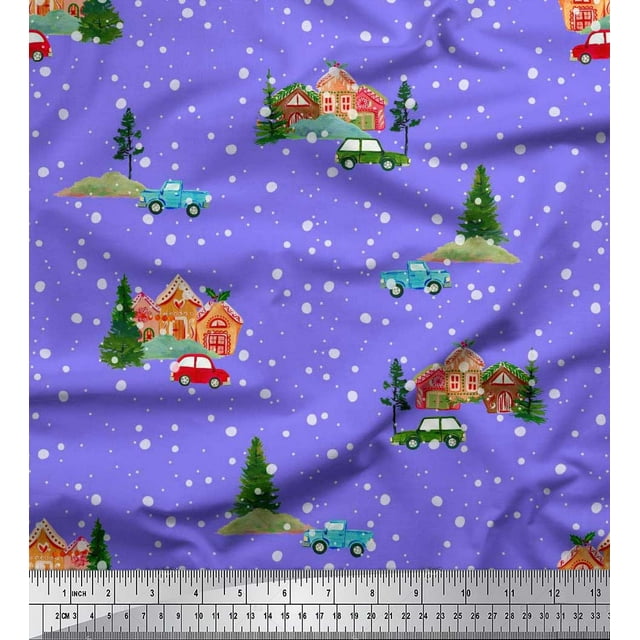 Soimoi Velvet Fabric House,Tree & Car Transport Print Fabric by the Yard 58 Inch Wide