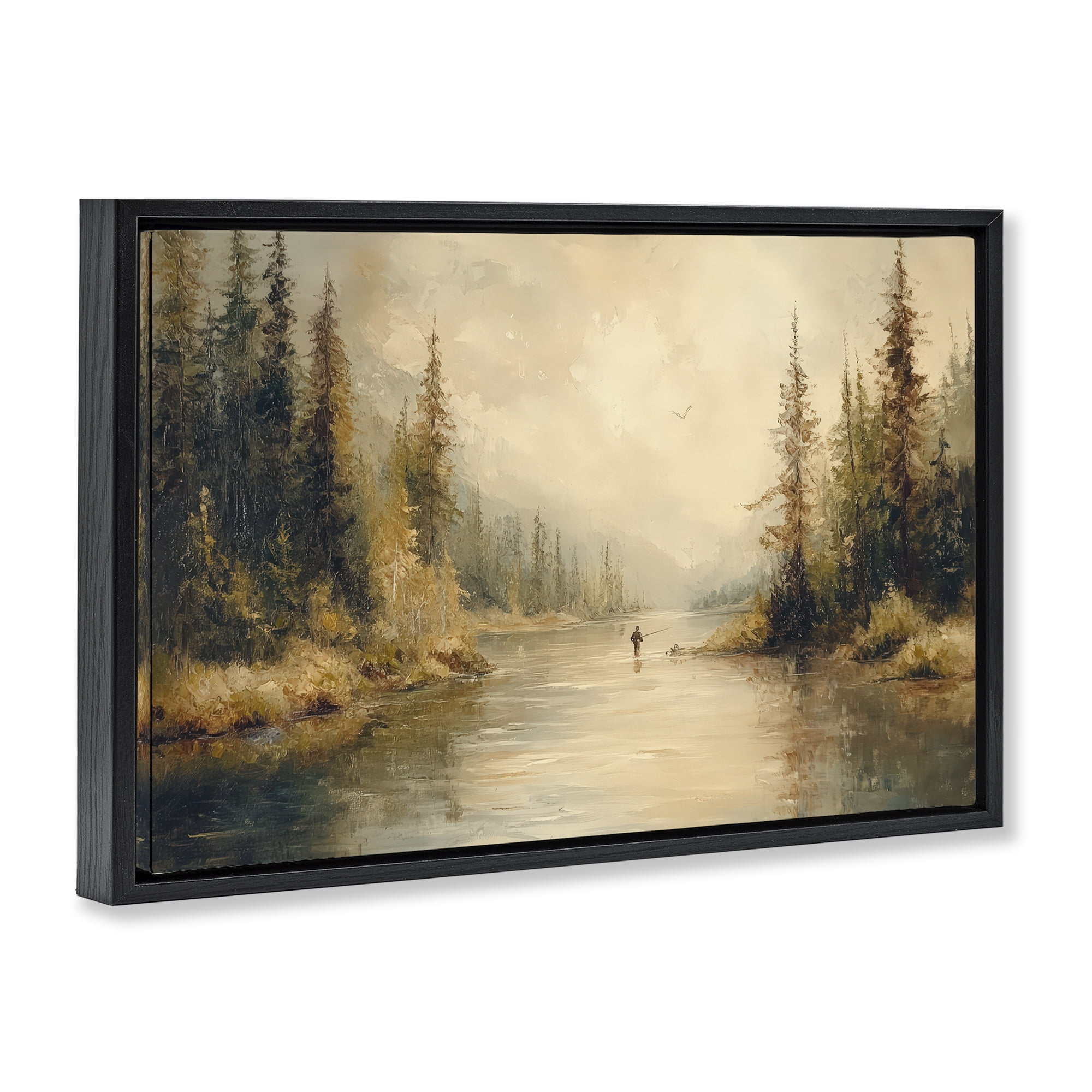 Stupell Industries Fly Fisher at Misty River Black Framed Floater Canvas Wall Art, design by Petal Prints Design