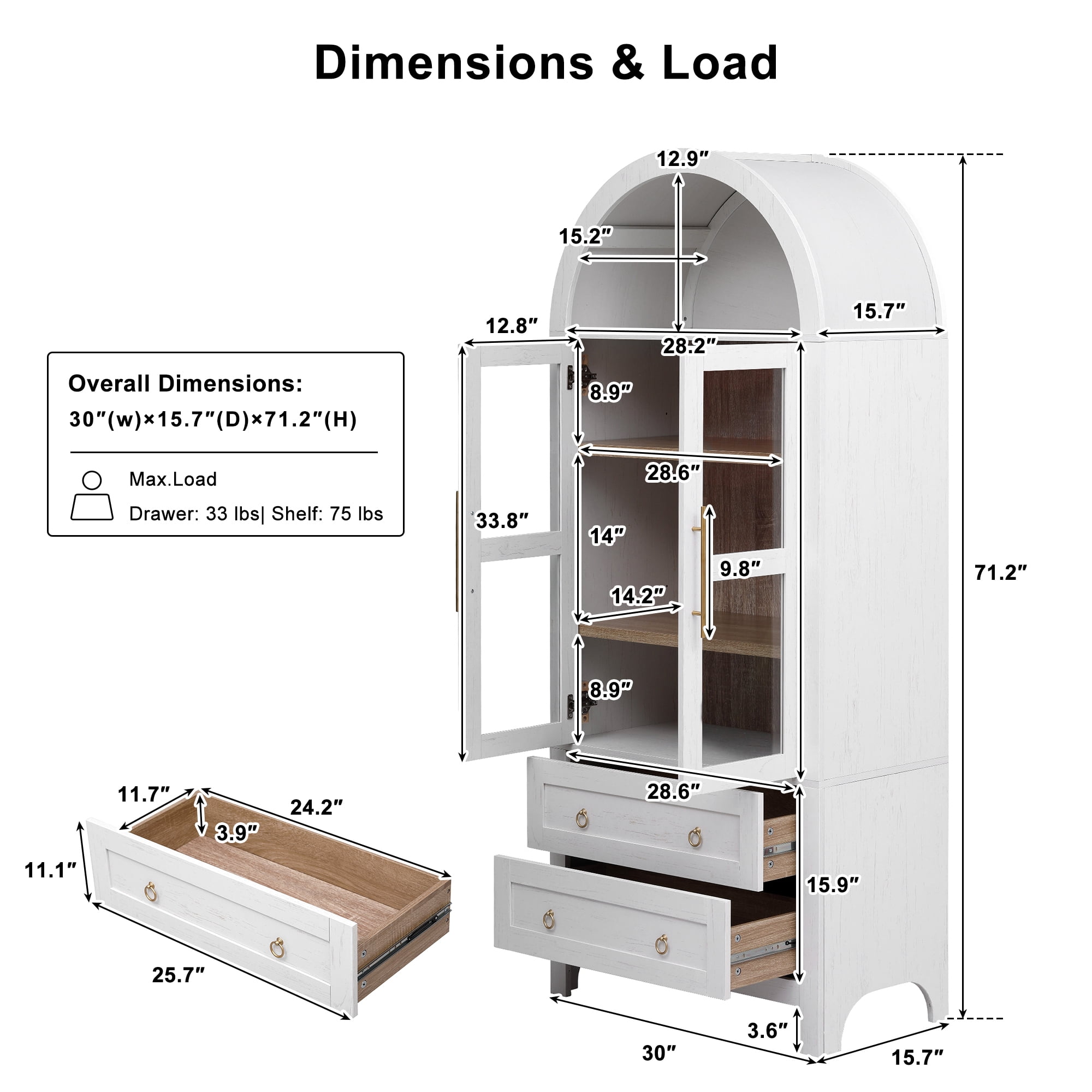 Harper & Bright Designs Arched Kitchen Pantry Cabinet with Glass Door and Shelves, Tall Farmhouse Kitchen Storage Cabinet with 2 Large Drawer and Versatile Cupboard, 71", White