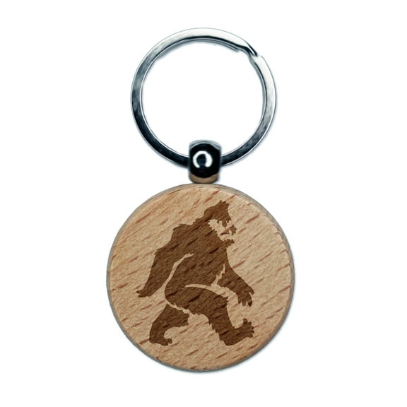 Bigfoot Sasquatch Mythical Creature Cryptid Walking Round Keychain Charm Tag - Engraved Wood
