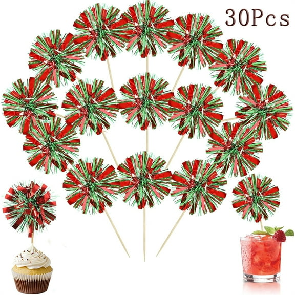 Tutuviw 30 Pcs Foil Firework Cupcake Toppers Sparkle Tinsel Cupcake Picks Party Cake Decorations Drink Stirrers Cocktail Food Fruit Toothpicks for Graduation Party Supplies, Red Green
