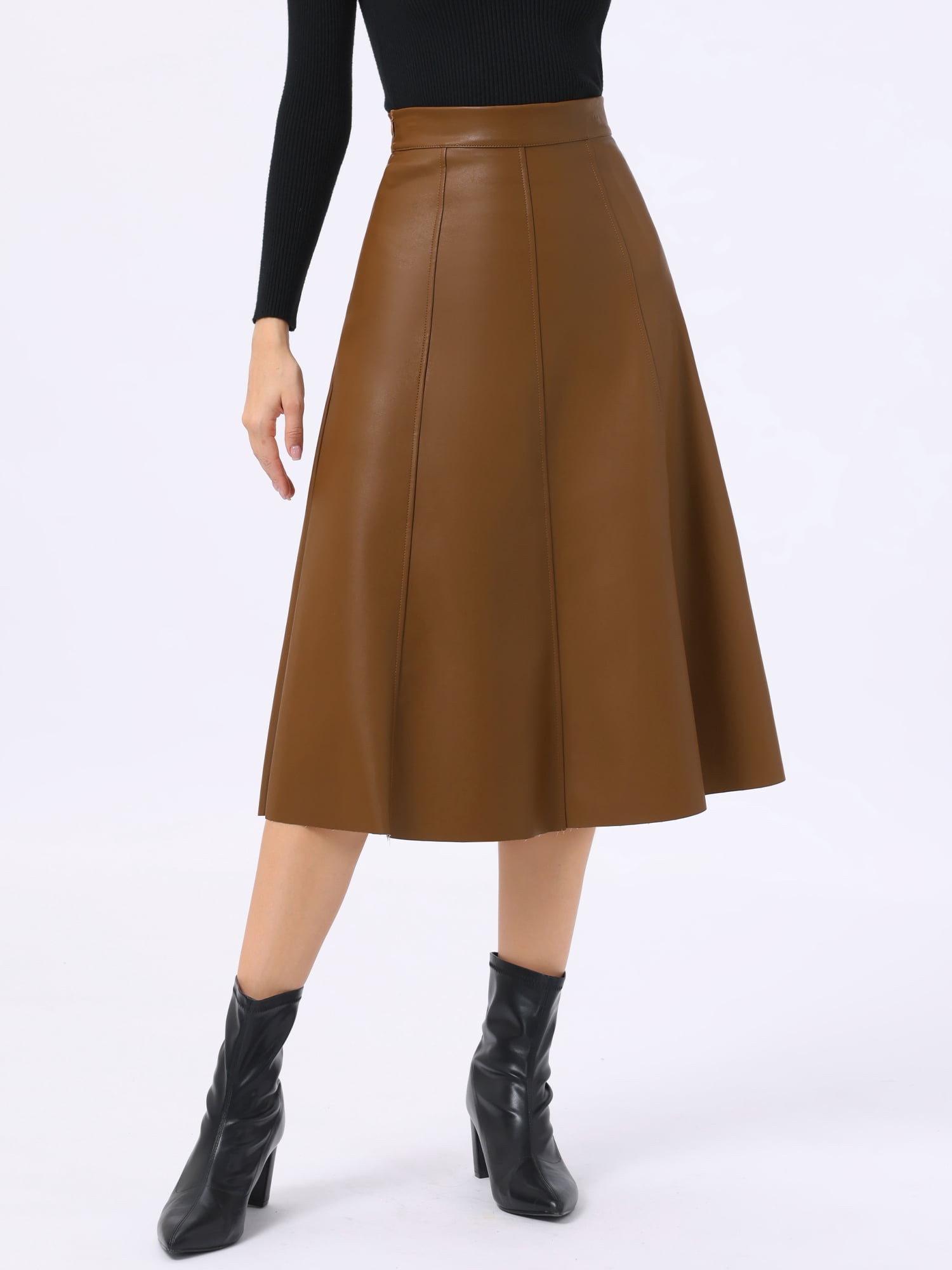 DARING DIVA Women's Vintage A Line Faux PU Leather Midi Skirts Small Khaki Brown