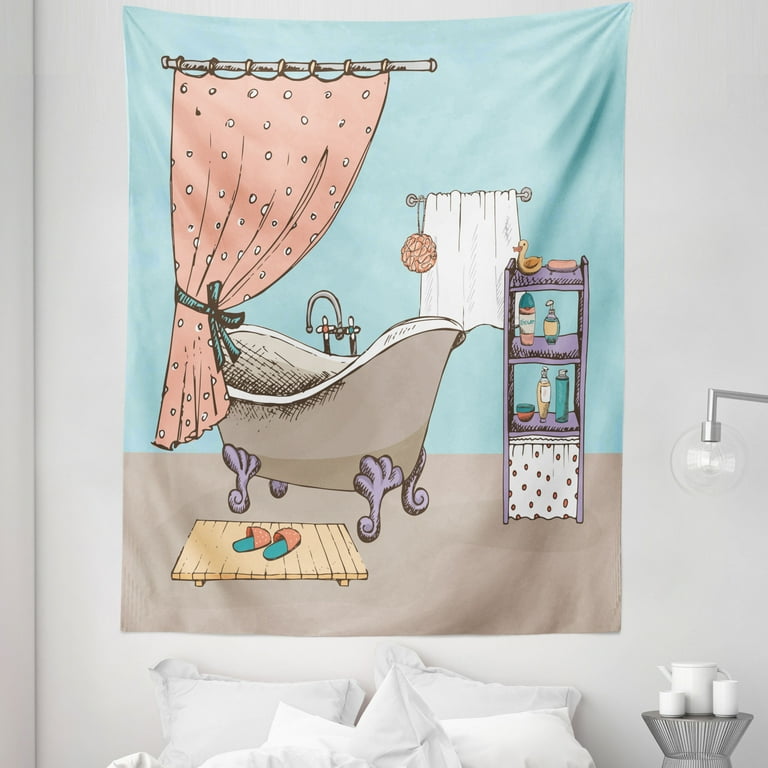 Cartoon Tapestry Style Bathroom Design Shower Tub Colorful House Theme Illustration Fabric Wall Hanging Decor for Bedroom Living Room Dorm 5 Sizes