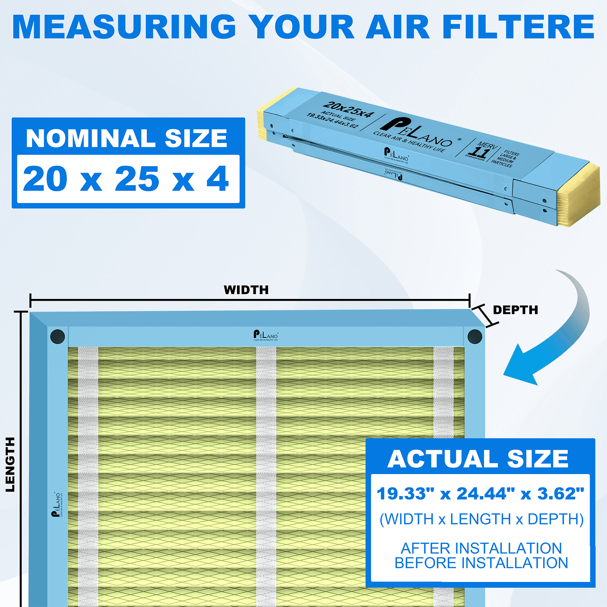 Pelano 20x25x4 HVAC Furnace Air Filter, MERV 11 Filters, Foldable Design, Actual Size: 19.33’’x24.44’’x 3.62’’-2PACK