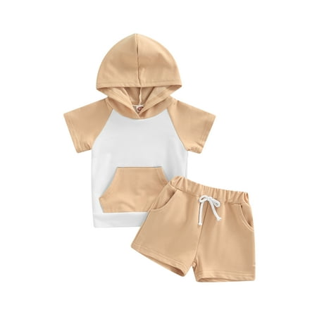 

Sunisery Newborn Baby Boys Summer Outfits Patchwork Short Sleeve Hooded Tops Shorts Clothes Set Khaki 6-12 Months