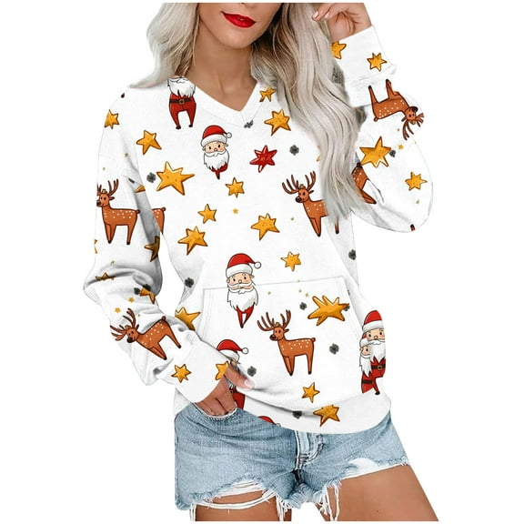 Women Fall Clothes Jolly Santa Print Pullover Sweatshirt Long Sleeve V Neck Christmas Top with Pocket Fall Fashion Must Haves My Items