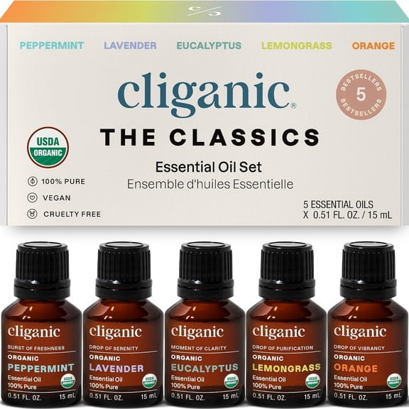 Cliganic Organic Essential Oils Set (Top 5 x 15ml) - 100% Pure Natural - Aromatherapy, Candle Making - Peppermint, Lavender, Eucalyptus, Lemongrass & Orange