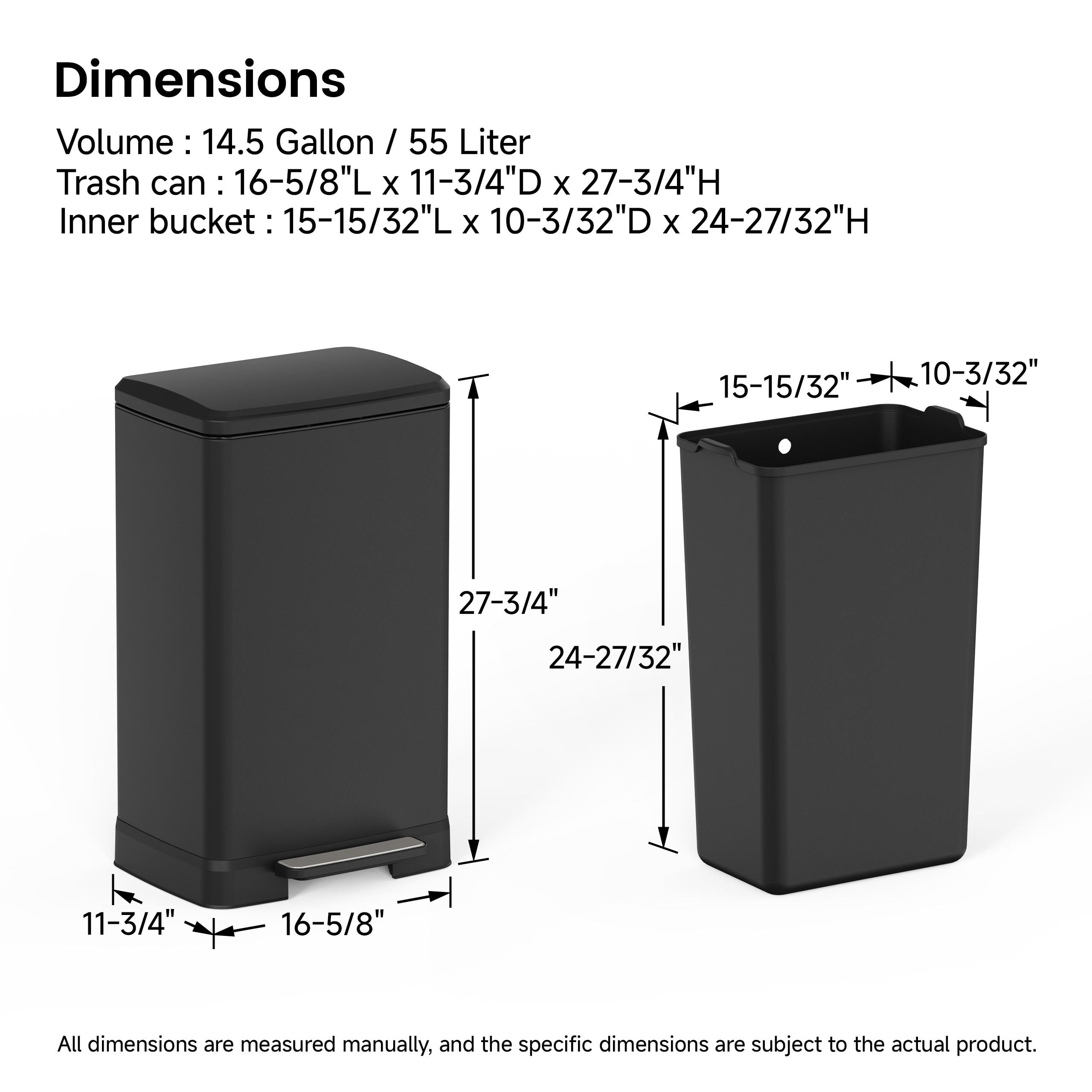 14 Gallons Pedal Trash Can with Soft Close Lid, Removable Inner Bucket & Detachable Wheels, Odor Control Slot for Kitchen Home, Black