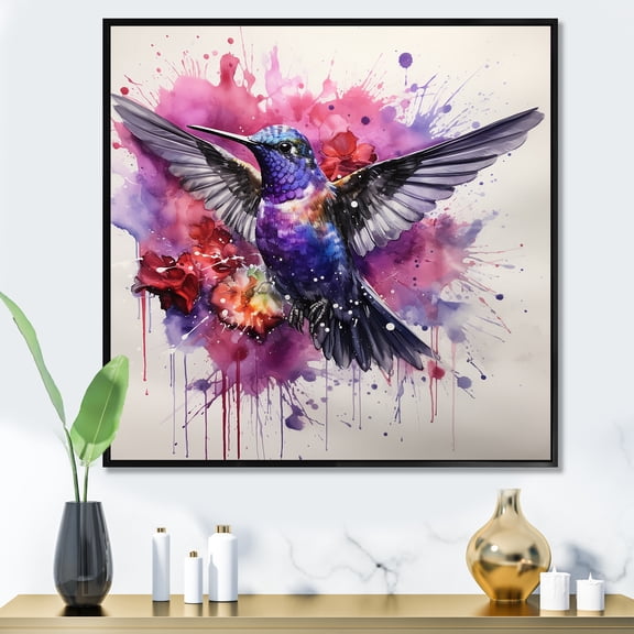 Designart "Fluttering Jewel Hummingbird" Animals Framed Wall Art - Traditional Pink Hummingbird Hallway Framed Wall Art Decor