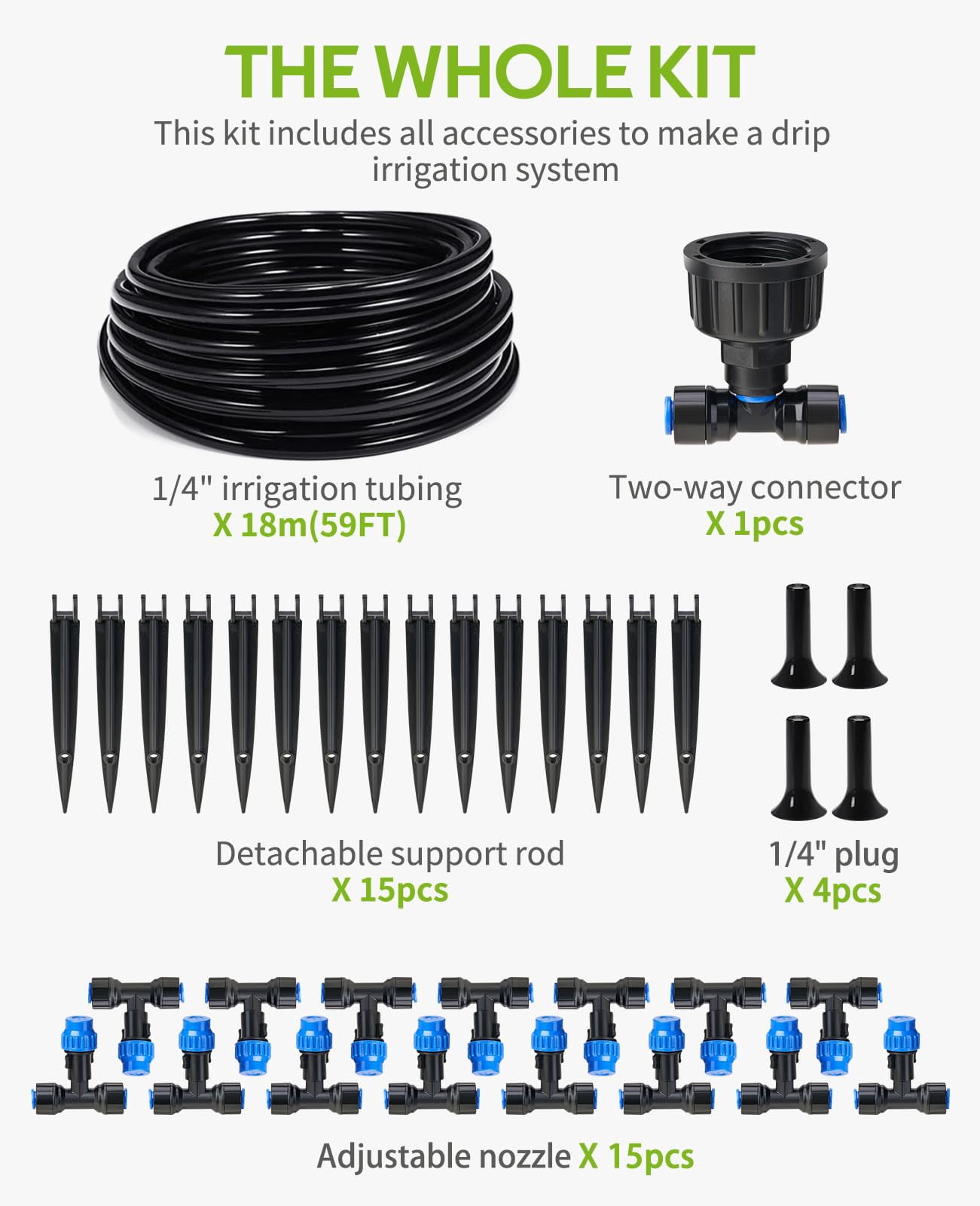 59ft Greenhouse Misting Drip Irrigation Kit  Quick Connector Design System With 1/4" Tubing And Adjustable Nozzles For Hanging Plants Garden Watering Raised Bed