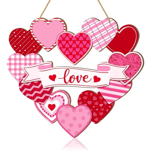 Valentines Day Heart Door Sign, Love Red Pink Heart Wooden Sign, Happy Valentines Day Decor for Front Door, 12 Hearts Pattern Wood Wall Hanging Heart Sign with Ribbon Home Decorations