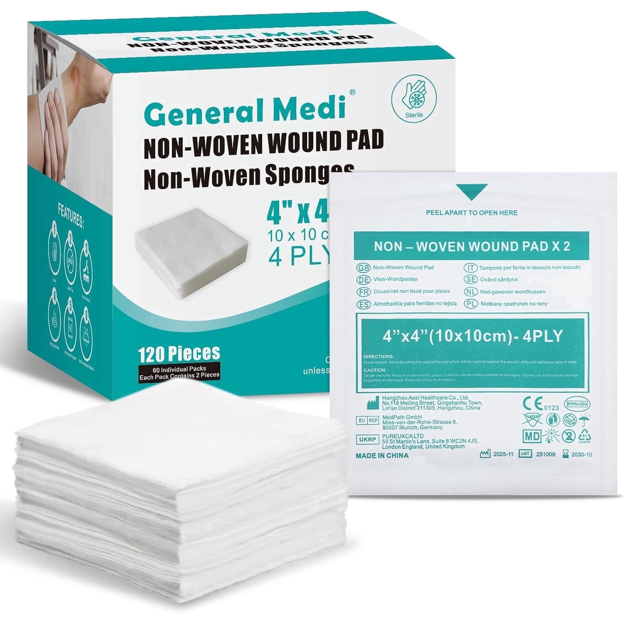 General Medi 120 Pieces Sterile Gauze Sponges, 4" x 4" Non-Woven Wound Pads - Individually Wrapped Highly Absorbent Sponges Pads for Cushioning Minor Wounds, Cuts & Burns Wound Care