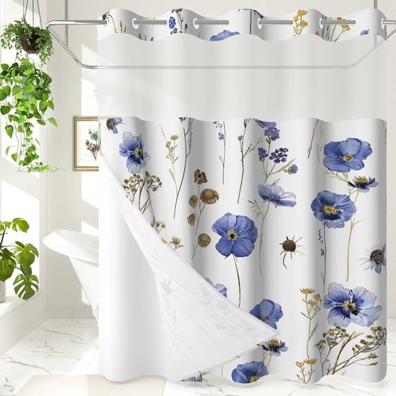 Lfeey No Hook Shower Curtain with Snap Liner, Blue Flowers White Shower Curtain for Bathroom, Machine Washable, 71x71 inch