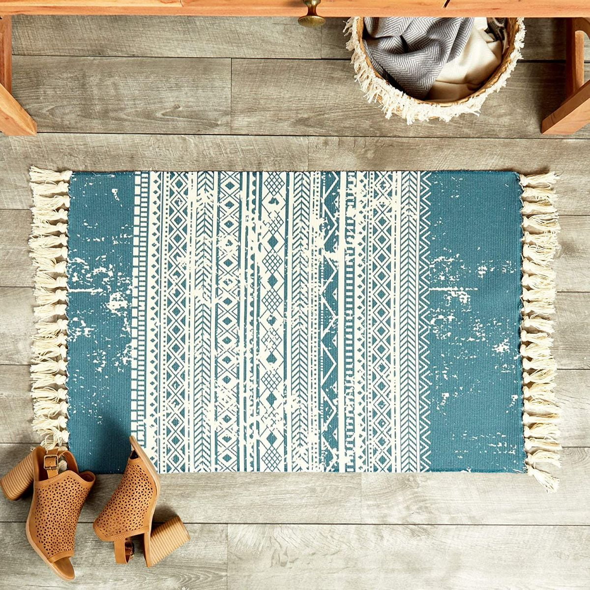 Hand Woven Area Rug with Tassel, Cotton Throw Rug for Kitchen, Living