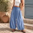 thumbnail image 2 of Wide Leg Pants for Women BWASD Casual Cotton Linen Elastic Waist Baggy Bloomers Pants Large Size Pocket Palazzo Trousers Fashion Beach Vacation 2046 Trendy (Sky Blue,L), 2 of 7