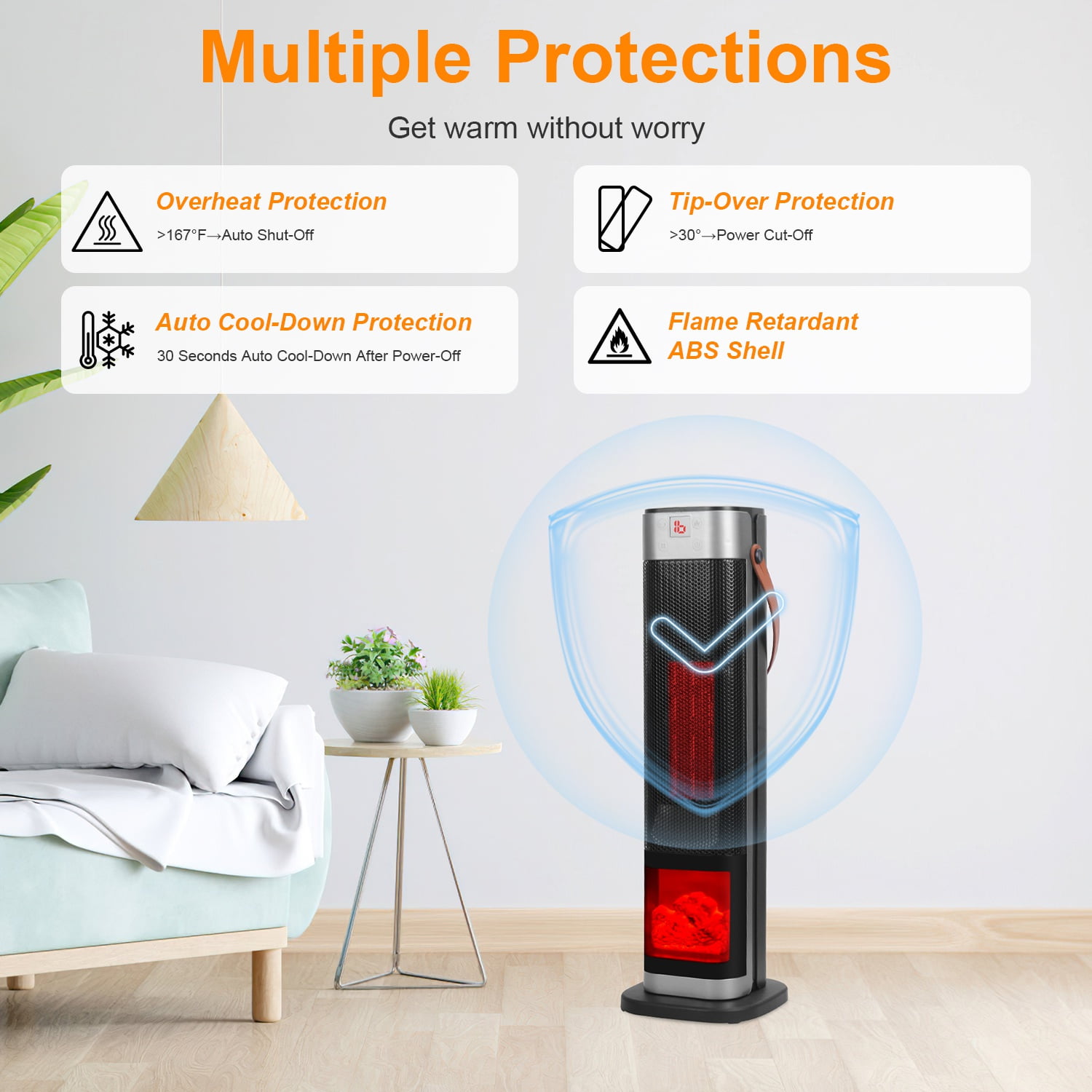 1500W Oscillating Tower Space Heater with 3D Flame, 90°Wide-Angle 323 Sq.Ft Heater with 1℃ Precision Thermostat & Remote, Overheat/Tip-Over Protection Portable Heater for Home Bedroom Office