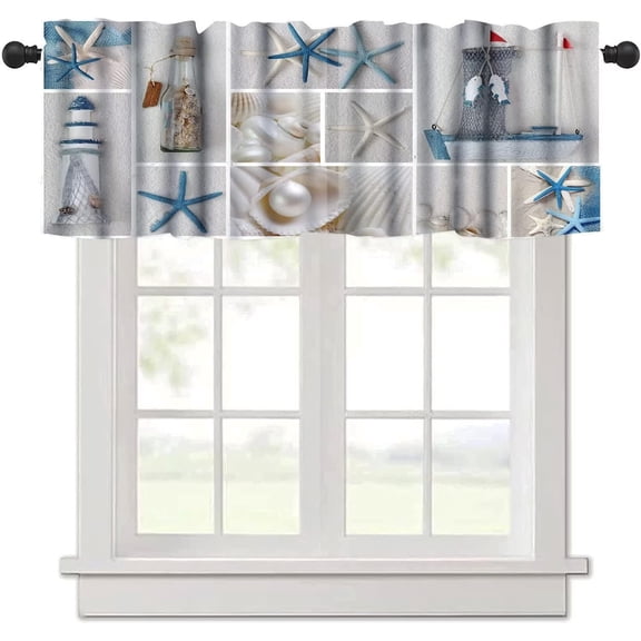 Nautical Curtain Valance for Windows Living Room Kitchen Farmhouse, Coastal Lighthouse Starfish Short Rod Pocket Tier Curtain Window Treatment, 1 Panel 54x18