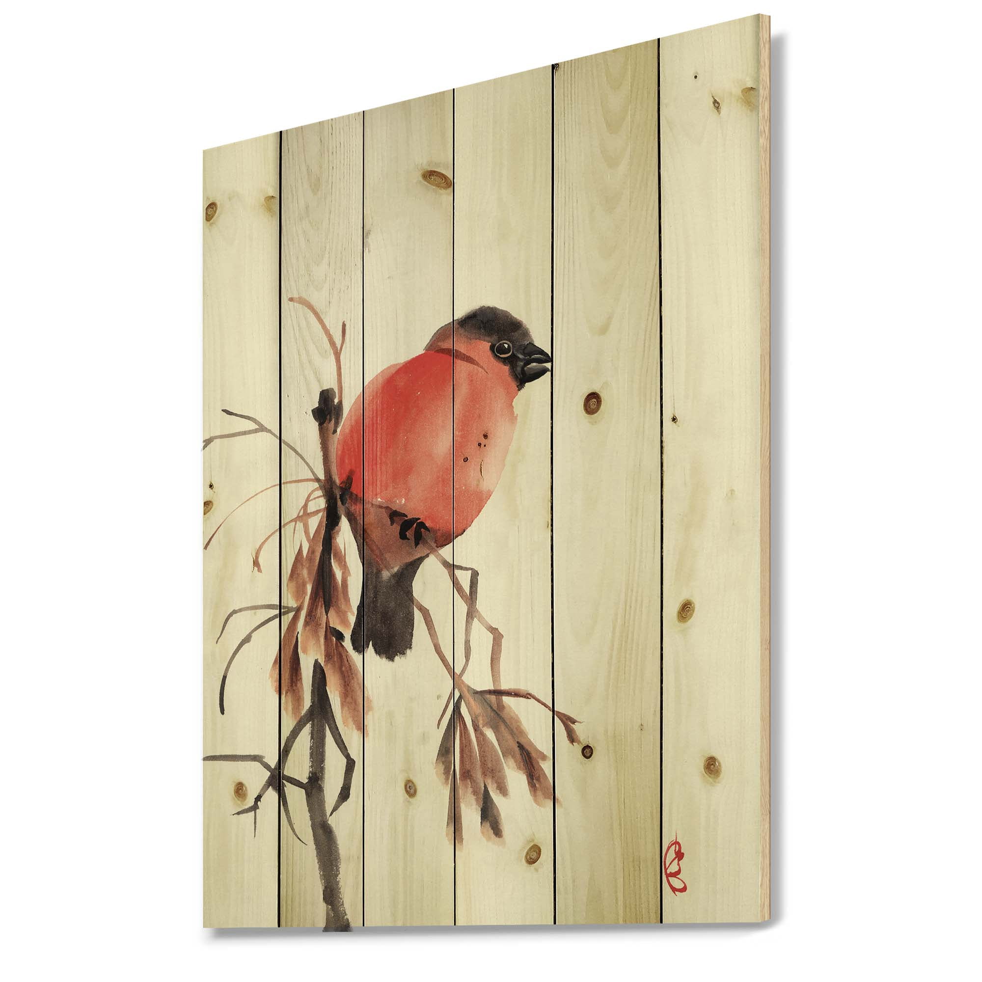 Designart 'Red Bullfinch Bird Sitting On A Branch' Traditional Print on Natural Pine Wood