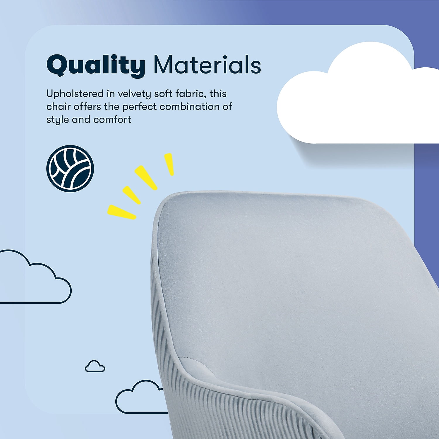 Serta Chloe Modern Office Chair Pleated Mid-Back Chrome Metal Base Blue Velvet