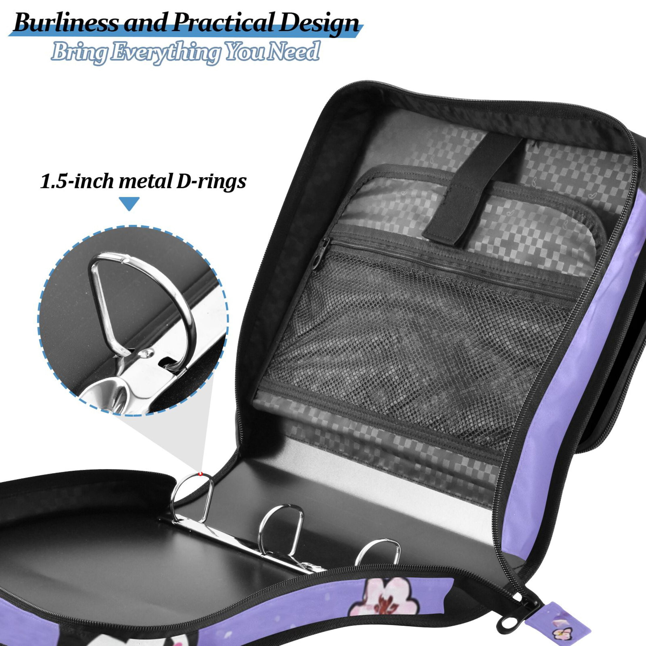 3 Ring Zipper Binder with Shoulder Strap Waterproof Trapper Keeper 2 Inch D-Ring 500 Sheets Capacity Kuromi and Flower