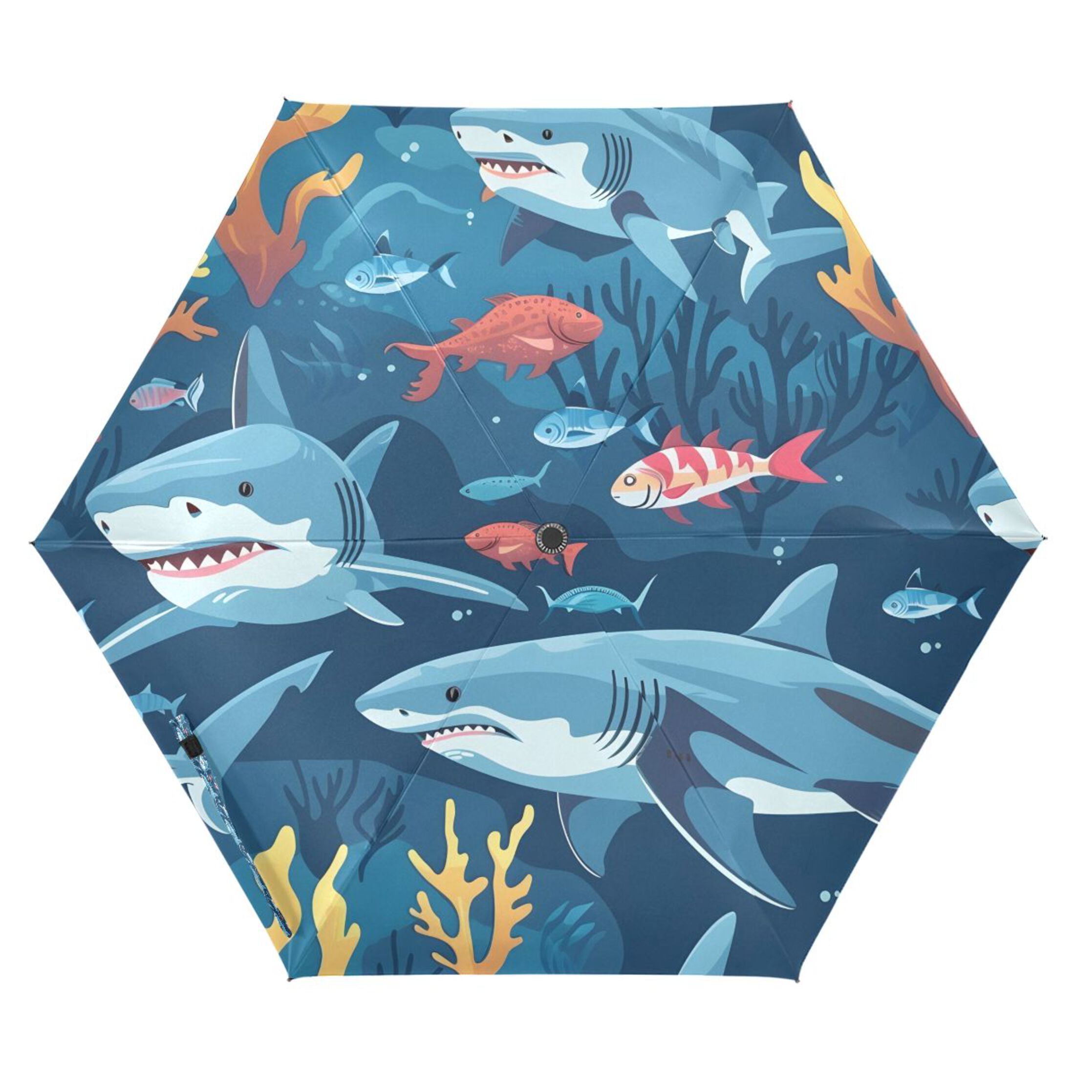Cartoon Sharks Underwater Compact Sun Umbrella Windproof Travel Umbrellas for Rain Strong Portable UV Protection