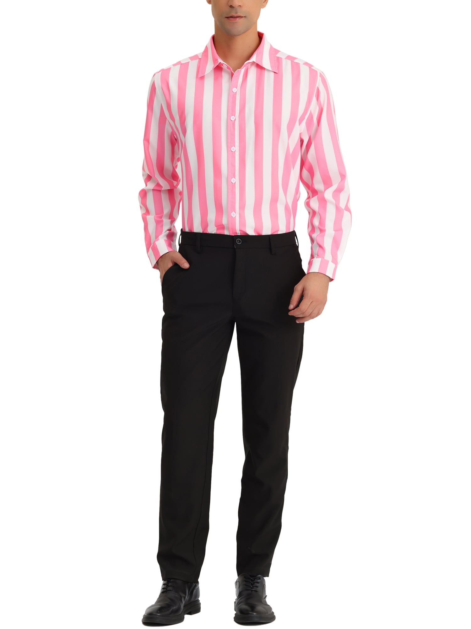Unique Bargains Men's Casual Striped Long Sleeves Button Down Dress Shirts M Pink White
