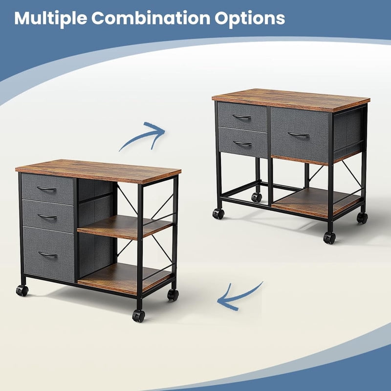 Simenmax 3-Tier Mobile Filing Cabinet, Heavy-Duty Printer Stand with Lockable Wheels & Fabric Drawers, Space-Saving Office Table for Home Office, Brown