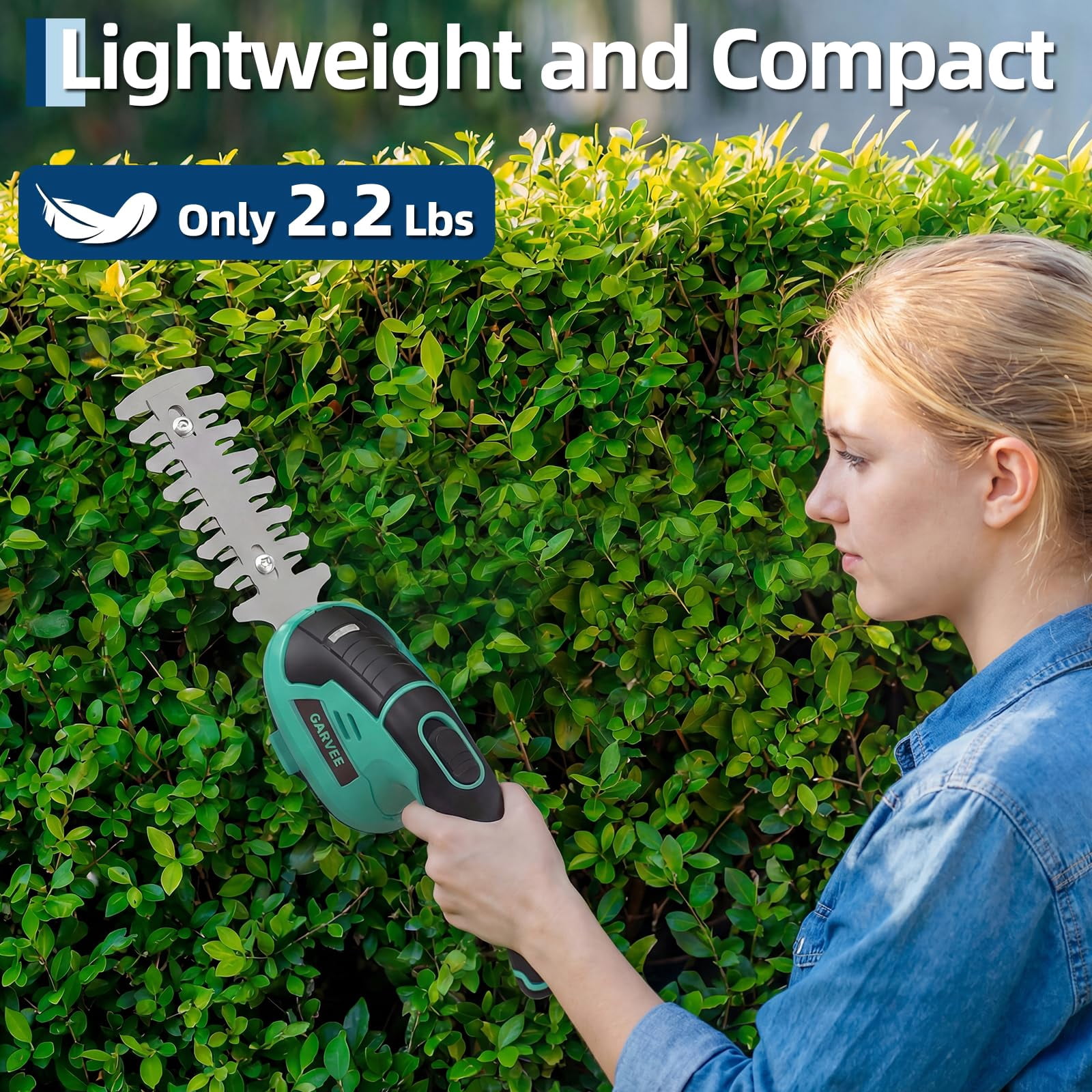 Garvee 2 in 1  Cordless Hedge Trimmer, 7.2V Electric Handheld Bush & Shrub Trimmer Kit with Rechargeable Battery, Lake Blue