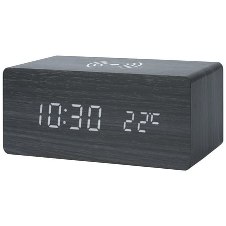 REGALWOVEN Digital Alarm Clock, Wood Grain Casing Design, Voice Wake-Up, Dimmable Display for Bedroom Black 6.7L x 3.1W x 2.8H