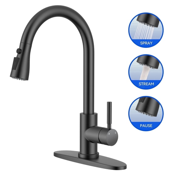 Matte Black Kitchen Faucet with Pull Down Sprayer Single Handle Stainless Steel Commercial Modern for 1 or 3 Hole Farmhouse Camper Laundry Utility Rv Bar Sinks