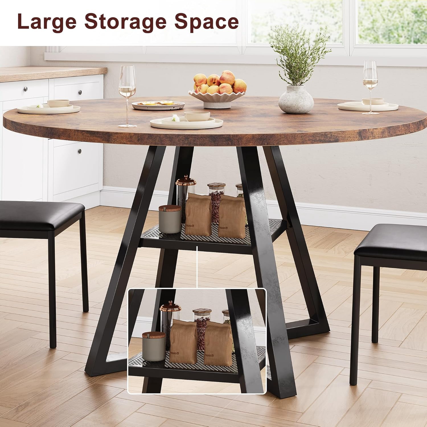 Cocosity 47 inch Wood Kitchen Table for 4, Round Dining Table with Storage Shelf for Home Dining Room Living Room Brown