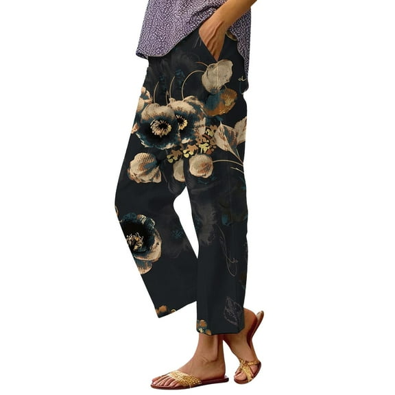 YUANGUANST Women's Wide Leg Pants Women's Casual Boho Floral Print Stripe Cotton Linen Pants Elastic Waisted Summer Spring Beach Baggy Office Slacks