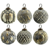 AuldHome Design Farmhouse Ball Ornaments (Set of 6, Antique Gold); Distressed Metal Glass Ball Vintage Style Christmas Decorations