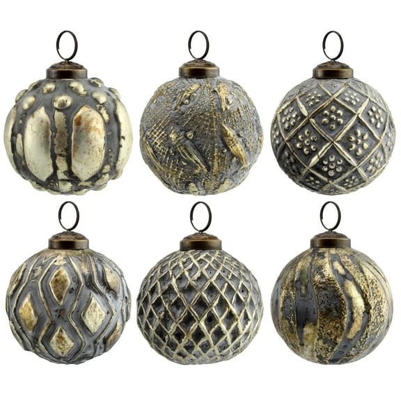AuldHome Design Farmhouse Ball Ornaments (Set of 6, Antique Gold); Distressed Metal Glass Ball Vintage Style Christmas Decorations