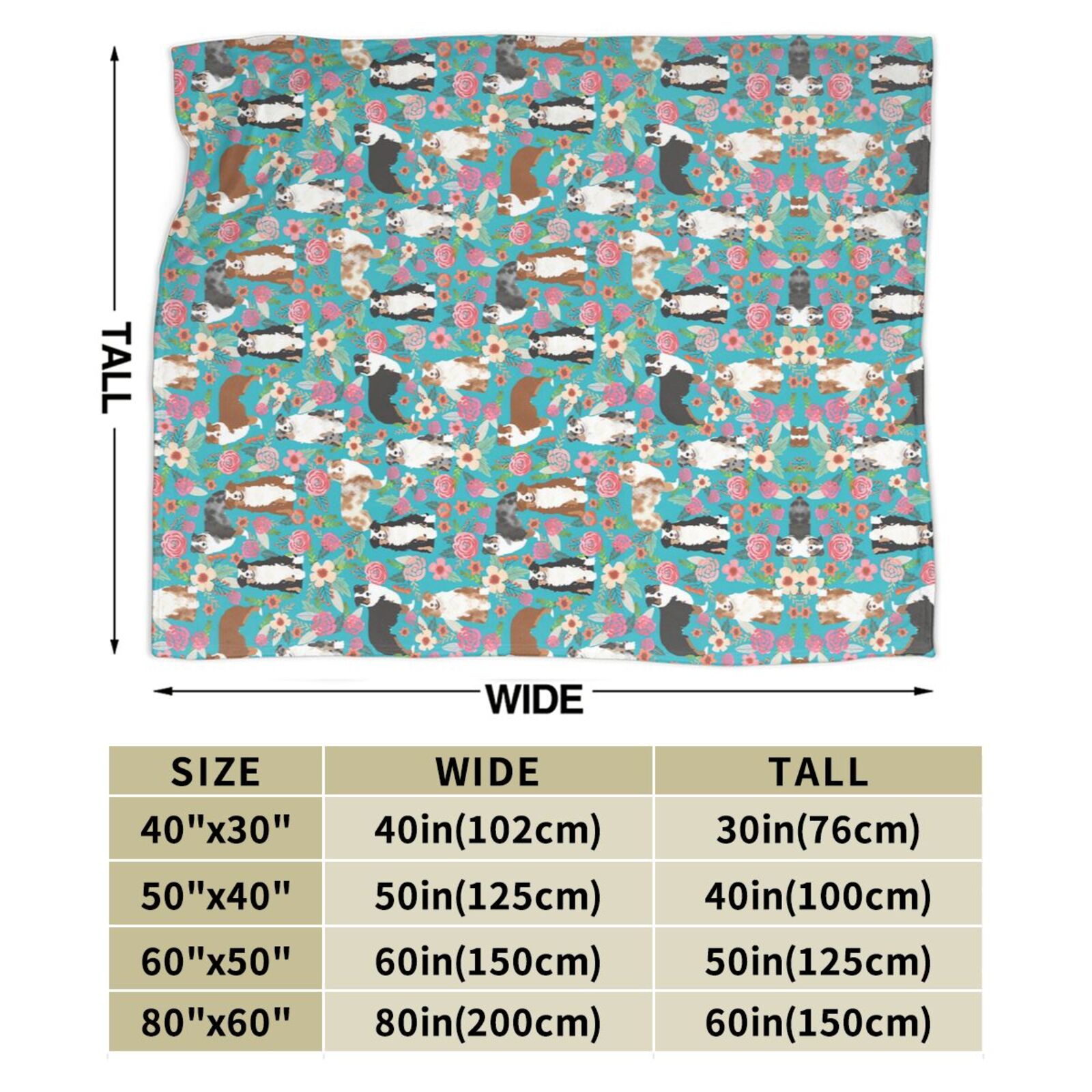 Wijzvio Australian Shepherd Dogs Floral Throw Blanket Soft Fuzzy Fleece Blanket For Couch Bed Living Room Decoration 50"X40"