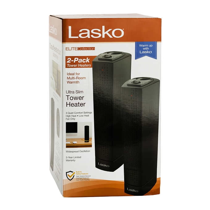 Lasko Ultra Slim Electric Tower Heater, Black (Two Pack)