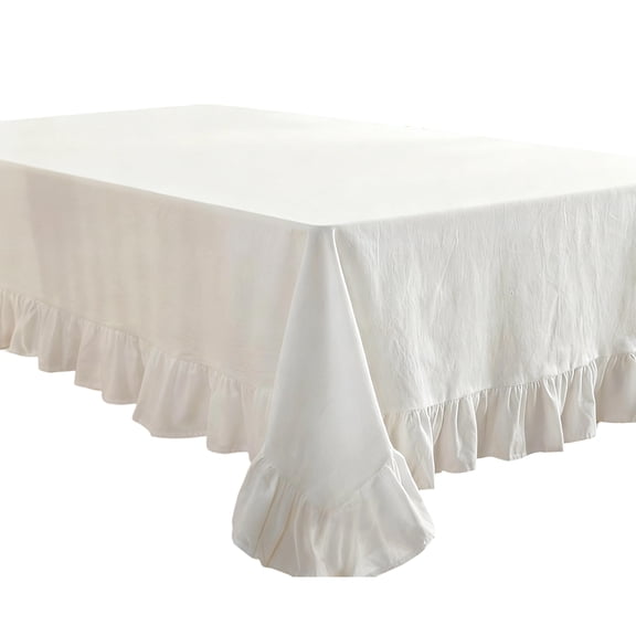 Farmhouses Cotton Dining Table Cover With Ruffled Edges Design Stain Resistant Easy Maintenance Multiple Size Option