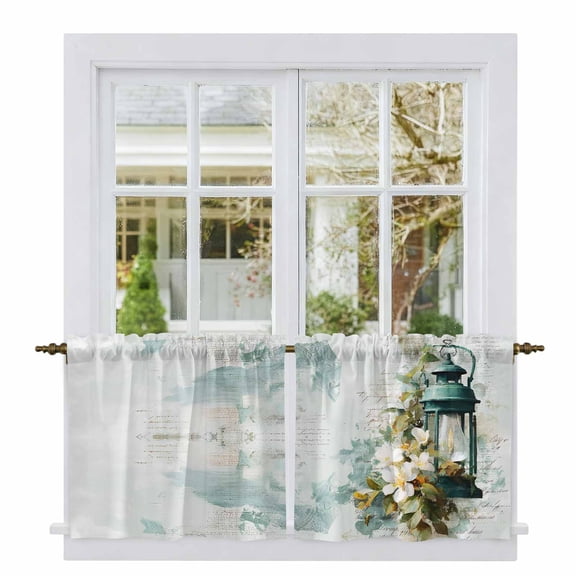 Vintage Oil Light Tier Curtains 36 Inch Length, Spring Flowers Leaves Candles Country Cafe Short Curtains for Bathroom Over Sink, Small Kitchen Curtain Light Filtering Drapes 2 Panels 27.5"Wx36"L