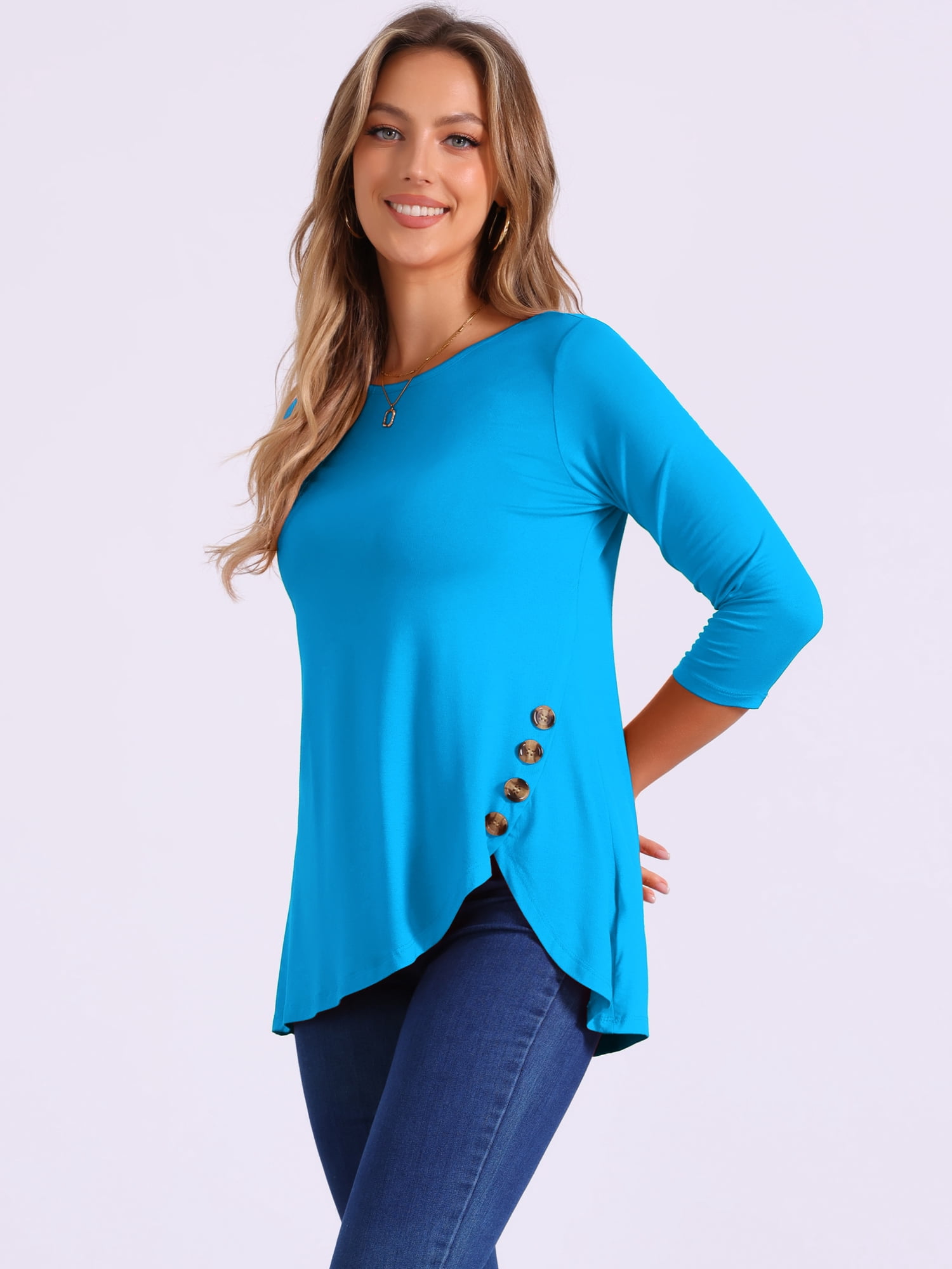 DARING DIVA Women's Casual Stretchy Tunic Asymmetric Hem Top S Blue