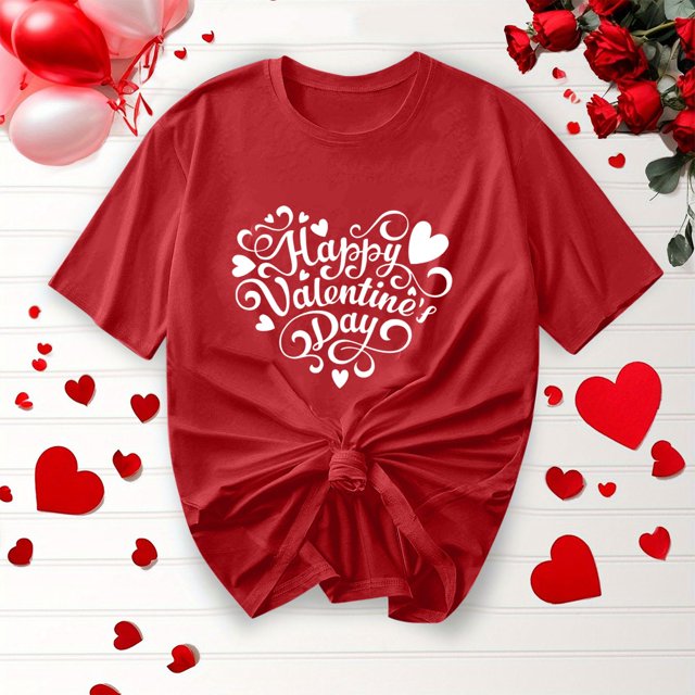 Offres de Vacances Iumwxz Chemises de la Saint-Valentin Tunique Plissée Décontractée Hauts pour Femmes Imprimé Joyeuse Saint-Valentin Hauts Col Rond Manches Courtes T-Shirts pour Femmes Confortables Fête