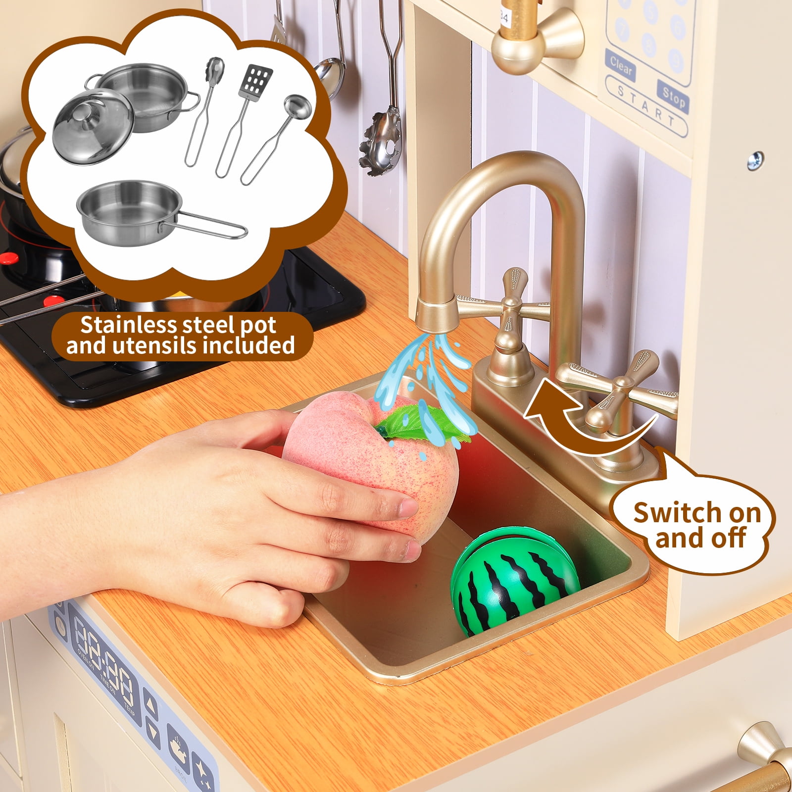 Arlopu Kids Play Kitchen, Ultimate Interactive Wooden Pretend Kitchen Playset with Telephone, Utensils, Oven, Sink, Gift for Boys Girls