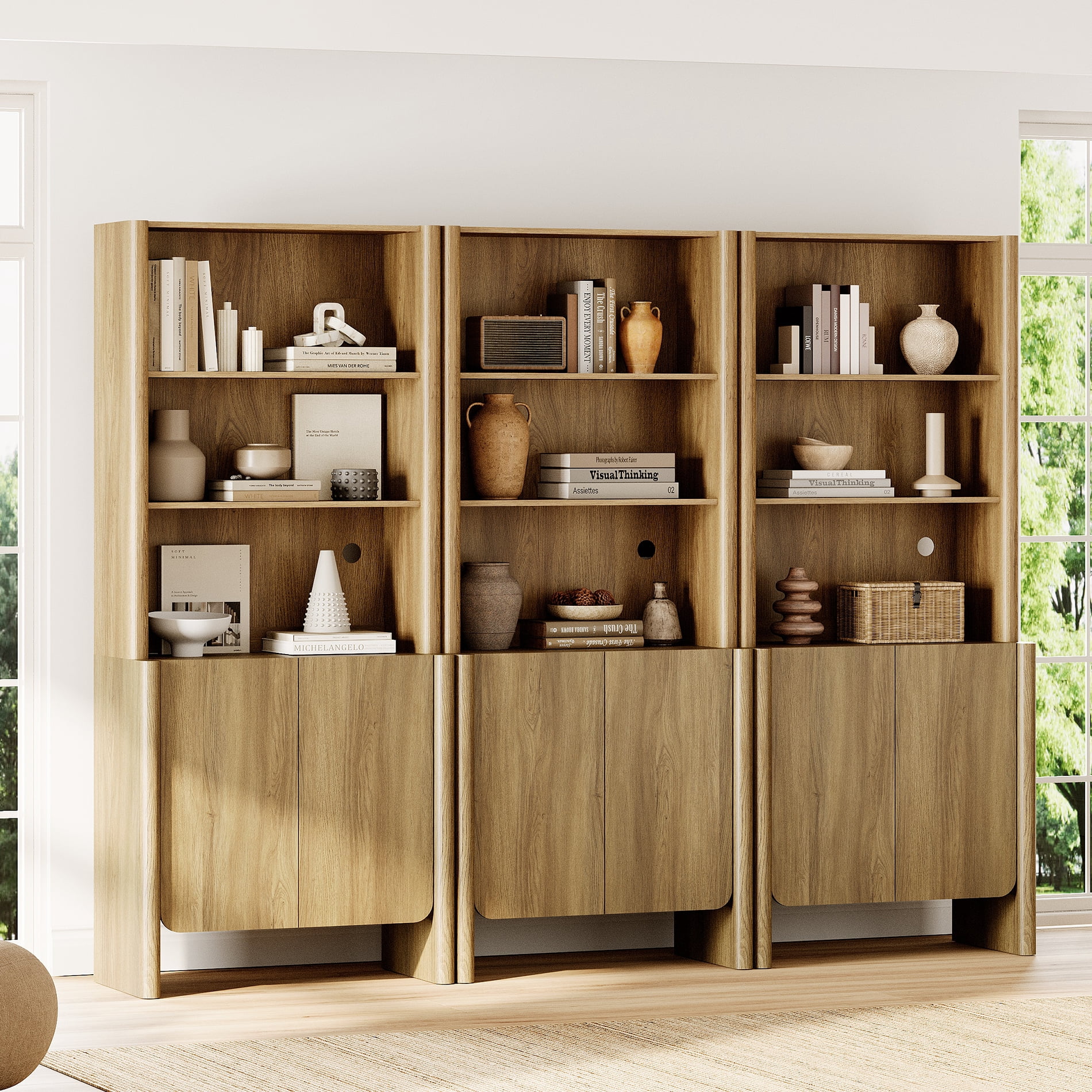 94.5-Inch Modern French Bookcase with Curved Edges, Doors and Open Shelves, 72.8" Tall, Walnut