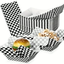 WatDenyFine 100PCS Disposable Black & White Checkered Food Trays, Boat-Shaped Dinner Plate with Wax Paper Liner for Parties Carnival Catering