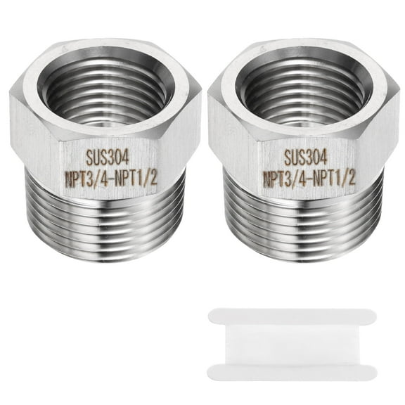 Uxcell 2pcs Stainless Steel Pipe Fitting 1/2" NPT Female x 3/4" NPT Male Reducer Hex Bushing Pipe Adapter Fittings Reducing Cast Pipe Connector for Water Oil Gas Tub