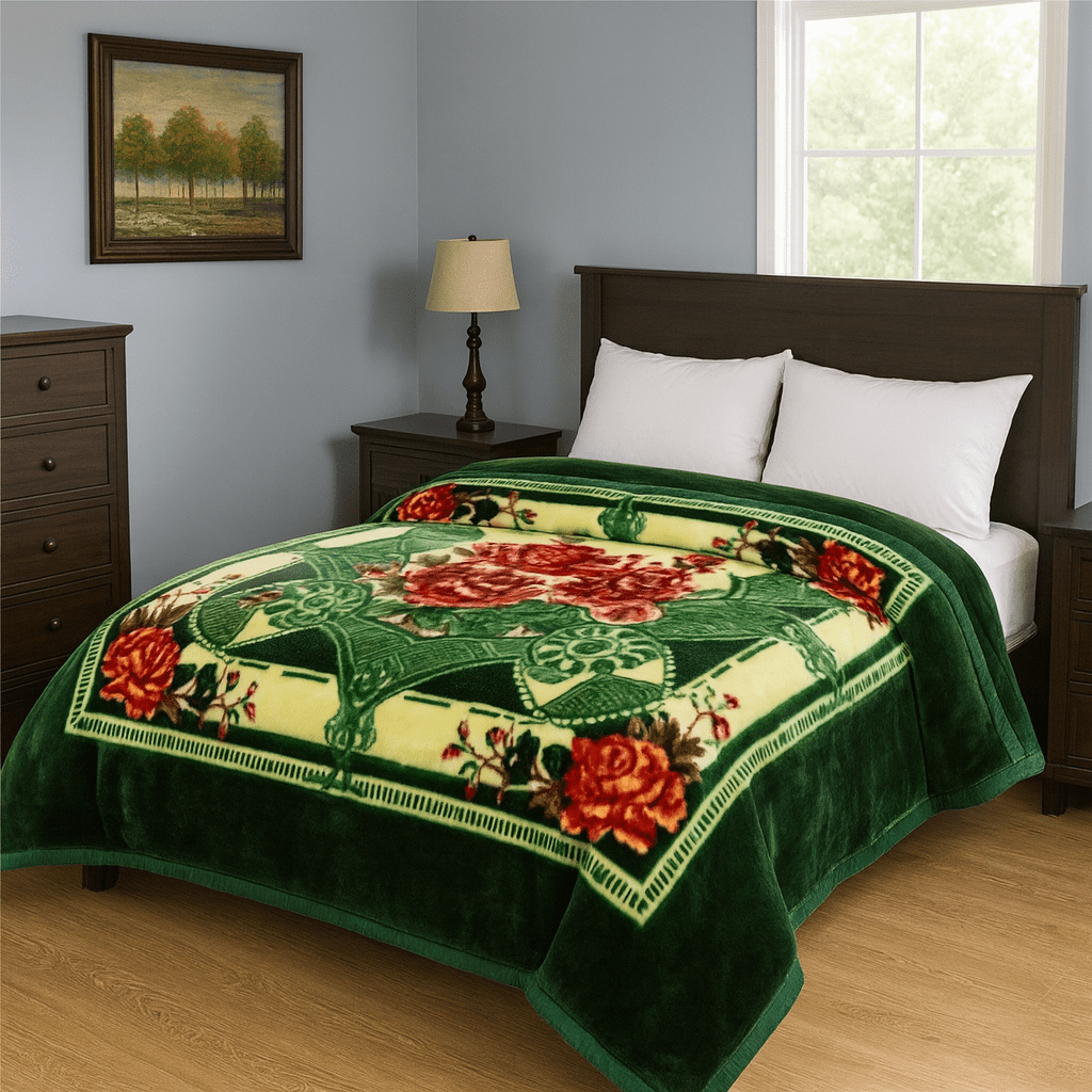 DBOZE King Size Heavyweight Faux Mink Blanket – 2 Ply Reversible Plush Fleece, Silky Soft & Warm, Green Rose Floral Pattern,  Luxury Gift ，Green/Red